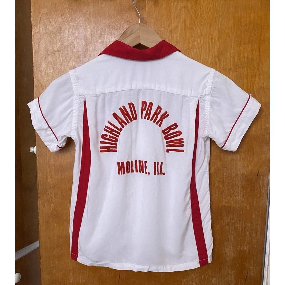 Vintage 60s Kids ChainStitch Flocked Print Bowling Shirt Loop Collar Hilton Sz M